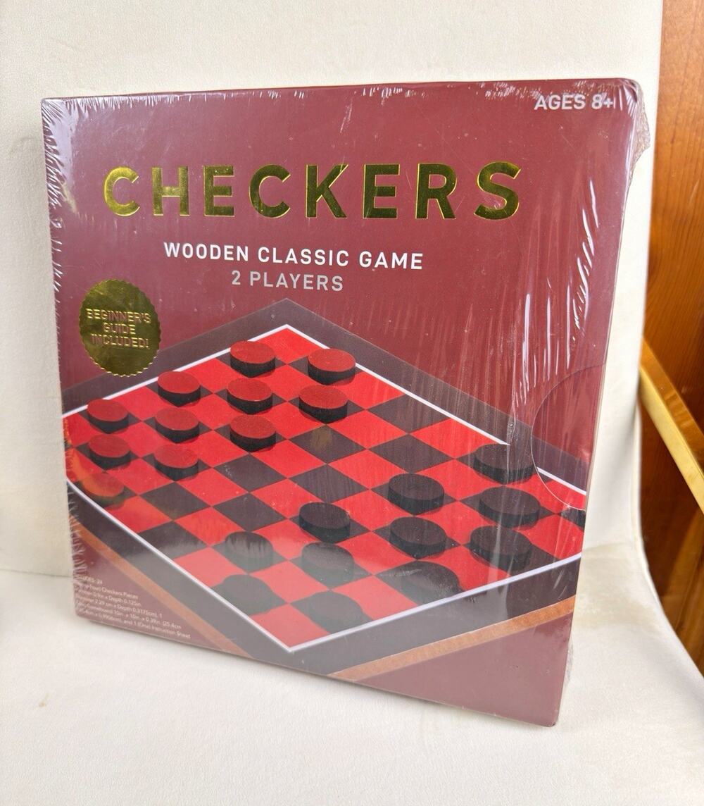 Checkers Wooden Strategy Board Game, 2 Players, Ages 8+, Beginner's Guide